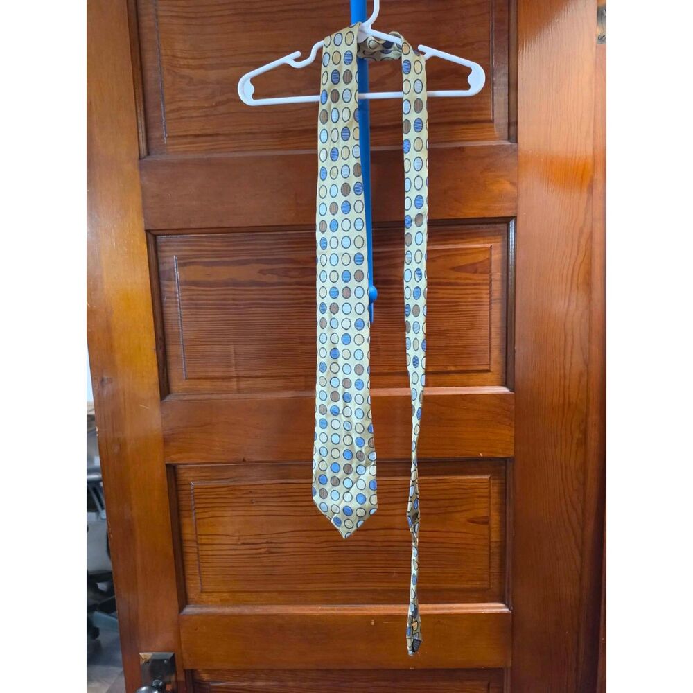 Peacock Men’s Handmade 100% Pure Silk Tie Gold Blue Geometric Circle Necktie